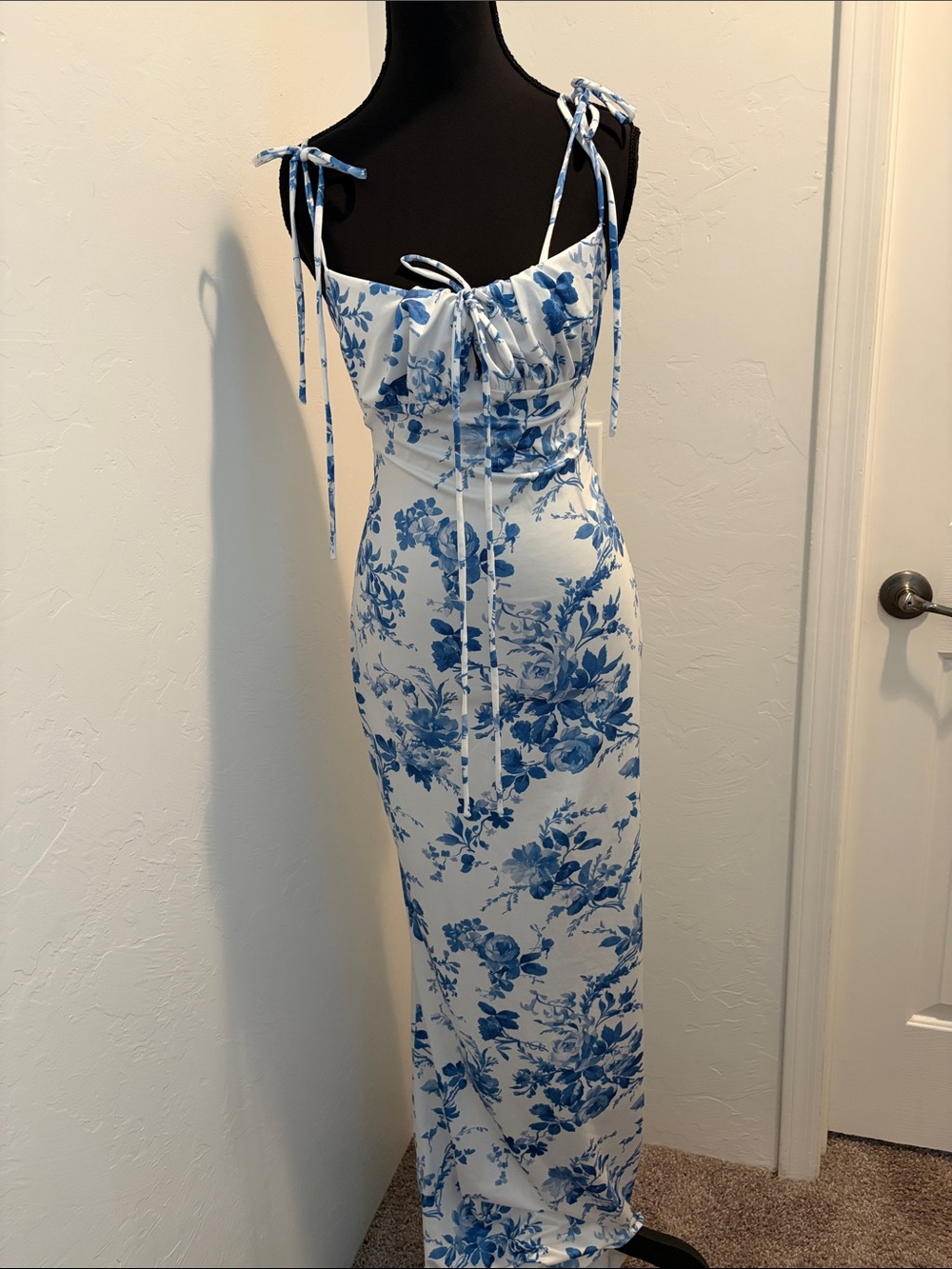 White & Blue Floral Tie-Shoulder Maxi Dress - Women